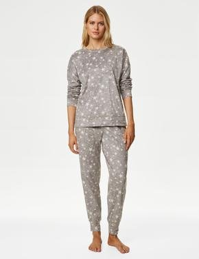 Kadın Gri Yıldız Desenli Uzun Kollu Polar Pijama Takımı