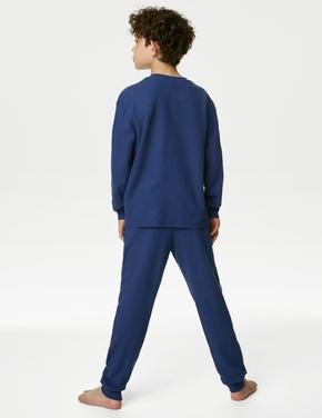 Çocuk Mavi Regular Fit Uzun Kollu Waffle Pijama Takımı (6-16 Yaş)