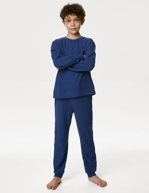 Çocuk Mavi Regular Fit Uzun Kollu Waffle Pijama Takımı (6-16 Yaş)