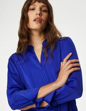 Kadın Mavi Uzun Kollu Saten Popover Bluz