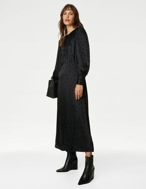 Kadın Siyah Puantiye Desenli Uzun Kollu Midi Elbise