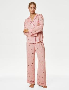 Kadın Pembe Dream Satin™ Kalp Desenli Uzun Kollu Pijama Takımı