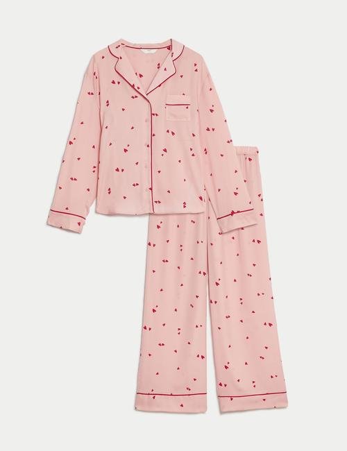 Pembe Dream Satin™ Kalp Desenli Uzun Kollu Pijama Takımı