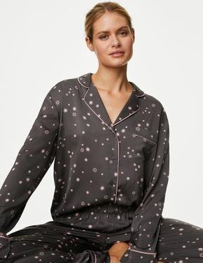 Kadın Gri Dream Satin™ Yıldız Desenli Uzun Kollu Pijama Takımı