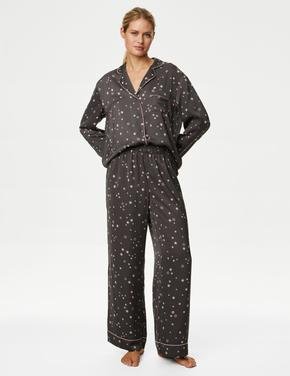 Kadın Gri Dream Satin™ Yıldız Desenli Uzun Kollu Pijama Takımı