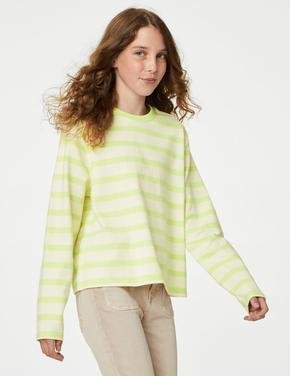 Kız Çocuk Yeşil Saf Pamuklu Uzun Kollu T-Shirt (6-16 Yaş)