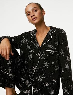Kadın Siyah Cool Comfort™ Yıldız Desenli Uzun Kollu Pijama Takımı