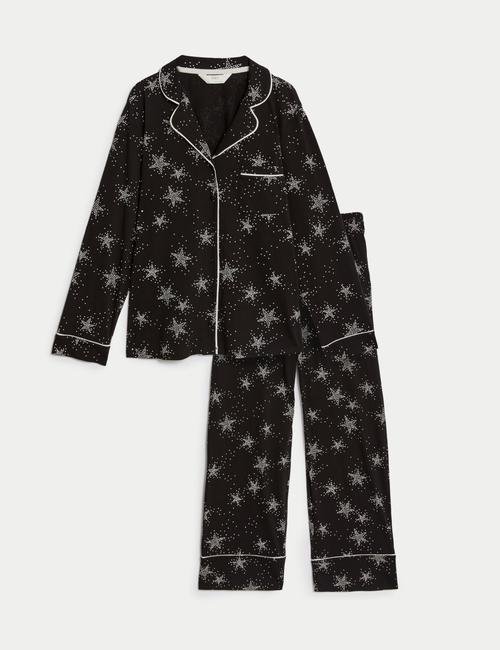 Siyah Cool Comfort™ Yıldız Desenli Uzun Kollu Pijama Takımı