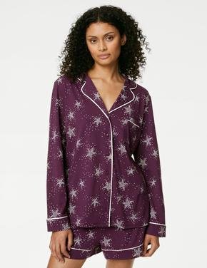 Kadın Bordo Cool Comfort™ Yıldız Desenli Uzun Kollu Pijama Takımı