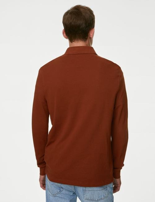 Kahverengi Saf Pamuklu Uzun Kollu Polo Yaka T-Shirt