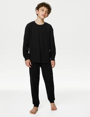 Çocuk Siyah Regular Fit Uzun Kollu Waffle Pijama Takımı (6-16 Yaş)