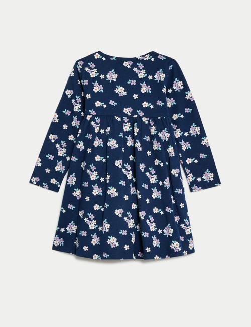 Lacivert Saf Pamuklu Çiçek Desenli Elbise (0-3 Yaş)