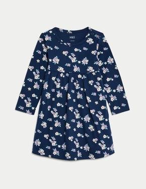 Bebek Lacivert Saf Pamuklu Çiçek Desenli Elbise (0-3 Yaş)