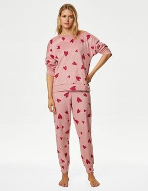 Kadın Pembe Kalp Desenli Uzun Kollu Polar Pijama Takımı