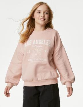 Kız Çocuk Pembe Regular Fit Yuvarlak Yaka Sweatshirt (6-16 Yaş)
