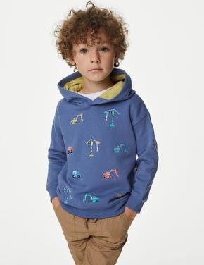 Erkek Çocuk Mavi İşleme Detaylı Kapüşonlu Sweatshirt (2-7 Yaş)