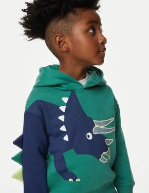Erkek Çocuk Yeşil Dinozor Desenli Kapüşonlu Sweatshirt (2-7 Yaş)
