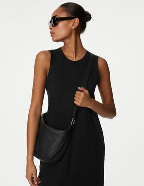 Kadın Siyah Saf Pamuklu Örme Midi Elbise