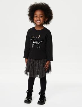 Kız Çocuk Siyah Saf Pamuklu Uzun Kollu T-Shirt (2-7 Yaş)