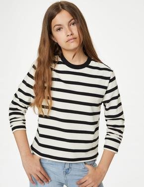 Kız Çocuk Siyah Saf Pamuklu Uzun Kollu T-Shirt (6-16 Yaş)