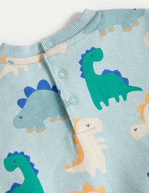 Bebek Yeşil Dinozor Desenli Yuvarlak Yaka Sweatshirt (0-3 Yaş)