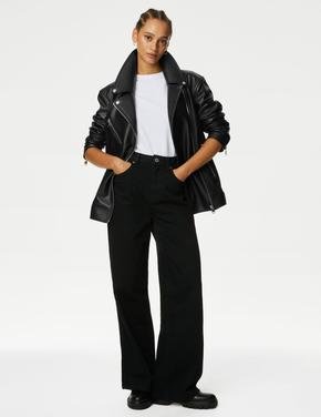Kadın Siyah Relaxed Fit Suni Deri Ceket