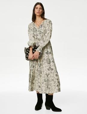 Kadın Krem Uzun Kollu Desenli Midi Elbise