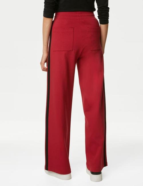 Kırmızı Şerit Detaylı Wide Leg Örme Pantolon