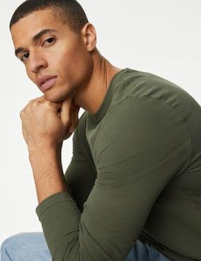 Erkek Yeşil Saf Pamuklu Uzun Kollu T-Shirt