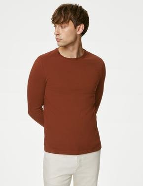 Erkek Kahverengi Saf Pamuklu Uzun Kollu T-Shirt