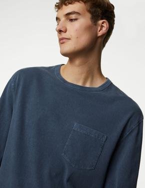Erkek Lacivert Saf Pamuklu Uzun Kollu T-Shirt