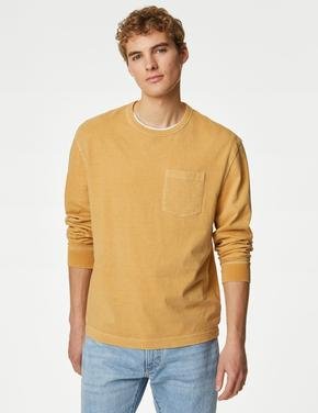 Erkek Sarı Saf Pamuklu Uzun Kollu T-Shirt
