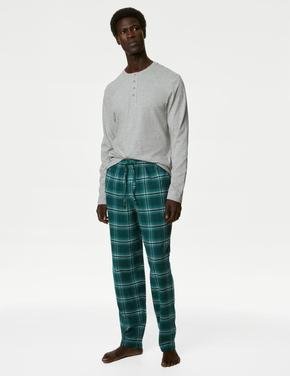 Erkek Gri Saf Pamuklu Uzun Kollu Pijama Takımı