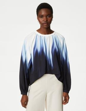 Kadın Mavi Uzun Kollu Desenli Bluz