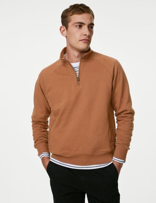 Kahverengi Saf Pamuklu Fermuar Detaylı Sweatshirt