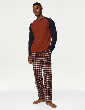 Erkek Kahverengi Saf Pamuklu Uzun Kollu Pijama Takımı