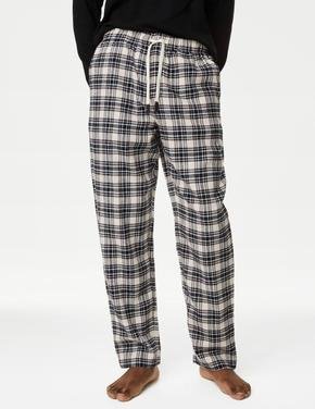 Erkek Krem Saf Pamuklu Ekose Desenli Pijama Altı
