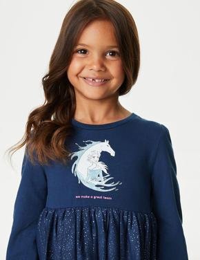 Kız Çocuk Lacivert Frozen™ Uzun Kollu Tütü Elbise (2-7 Yaş)