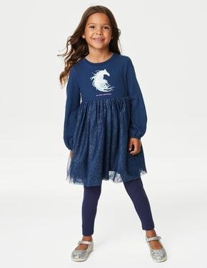 Kız Çocuk Lacivert Frozen™ Uzun Kollu Tütü Elbise (2-7 Yaş)