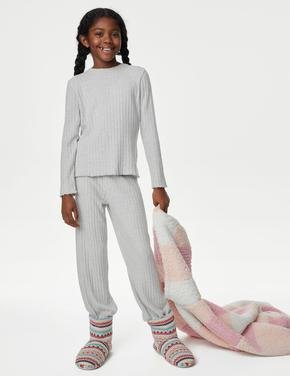 Çocuk Gri Fitil Detaylı Uzun Kollu Pijama Takımı