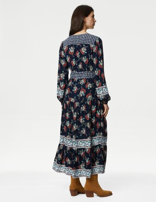 Lacivert Çiçek Desenli Uzun Kollu Midi Elbise