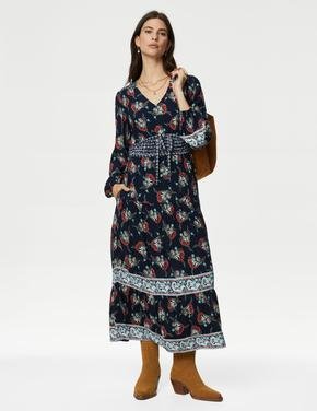 Kadın Lacivert Çiçek Desenli Uzun Kollu Midi Elbise