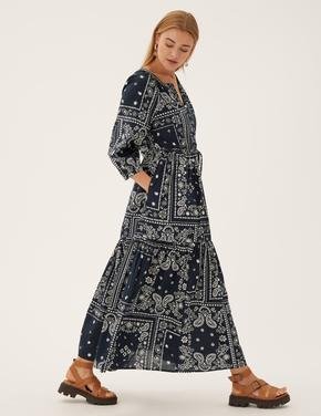 Kadın Lacivert Saf Pamuklu Desenli Midi Elbise