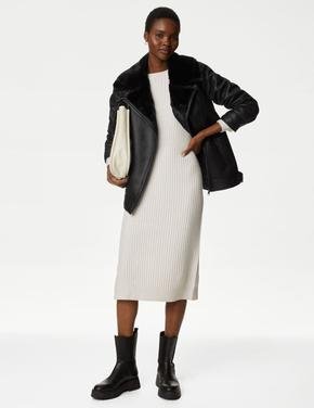 Kadın Siyah Regular Fit Suni Kürk Detaylı Ceket