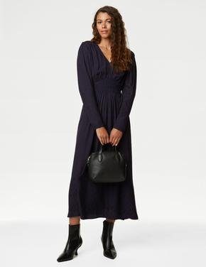 Kadın Lacivert Uzun Kollu Midi Saten Elbise