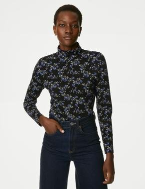 Kadın Siyah Slim Fit Desenli Uzun Kollu T-Shirt