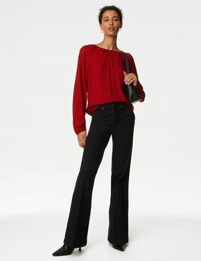 Kadın Kırmızı Regular Fit Uzun Kollu Desenli Bluz