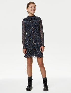 Kız Çocuk Siyah Uzun Kollu Desenli Mini Elbise (6-16 Yaş)