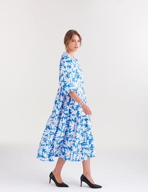 Kadın Mavi Saf Pamuklu Çiçek Desenli Midi Elbise