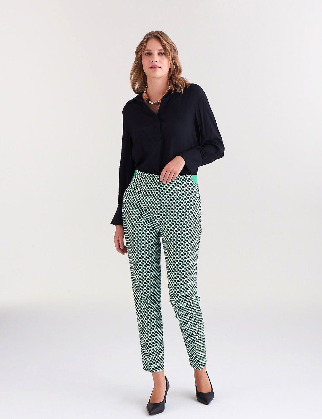 Slim Fit Desenli Yüksek Bel Pantolon